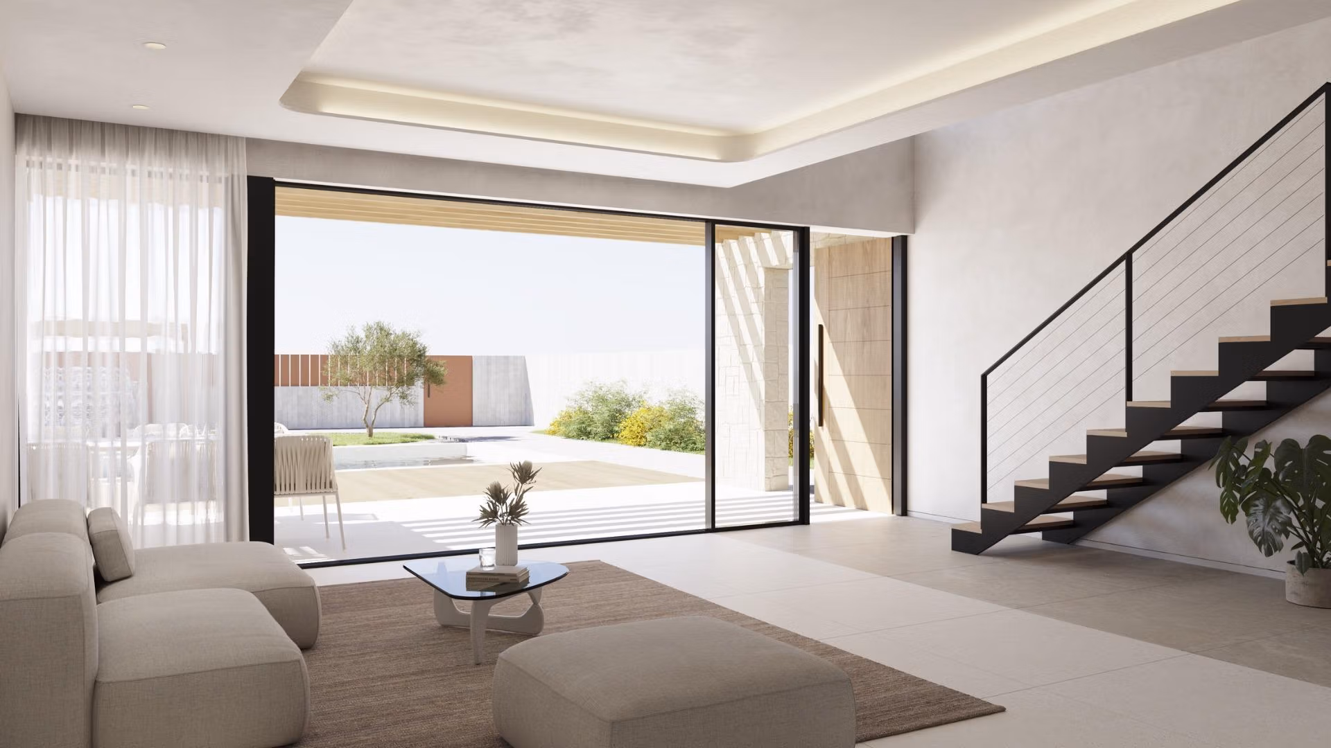 NEW-BUILD-VILLAS-IN-FINESTRAT-3 Bright contemporary living room with sleek staircase and panoramic sliding doors opening to a private pool in Finestrat villa.