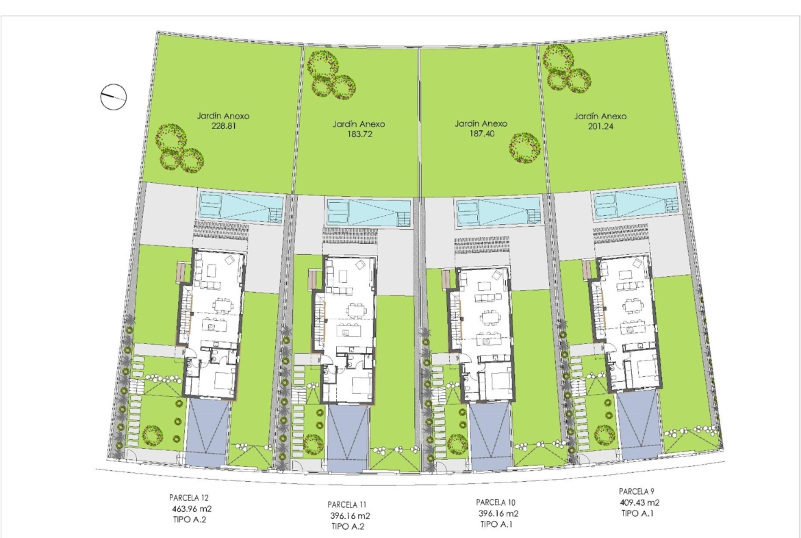 Detailed floor plans of four modern 3-bedroom villas with private pools and landscaped gardens in Sierra Cortina, Finestrat.