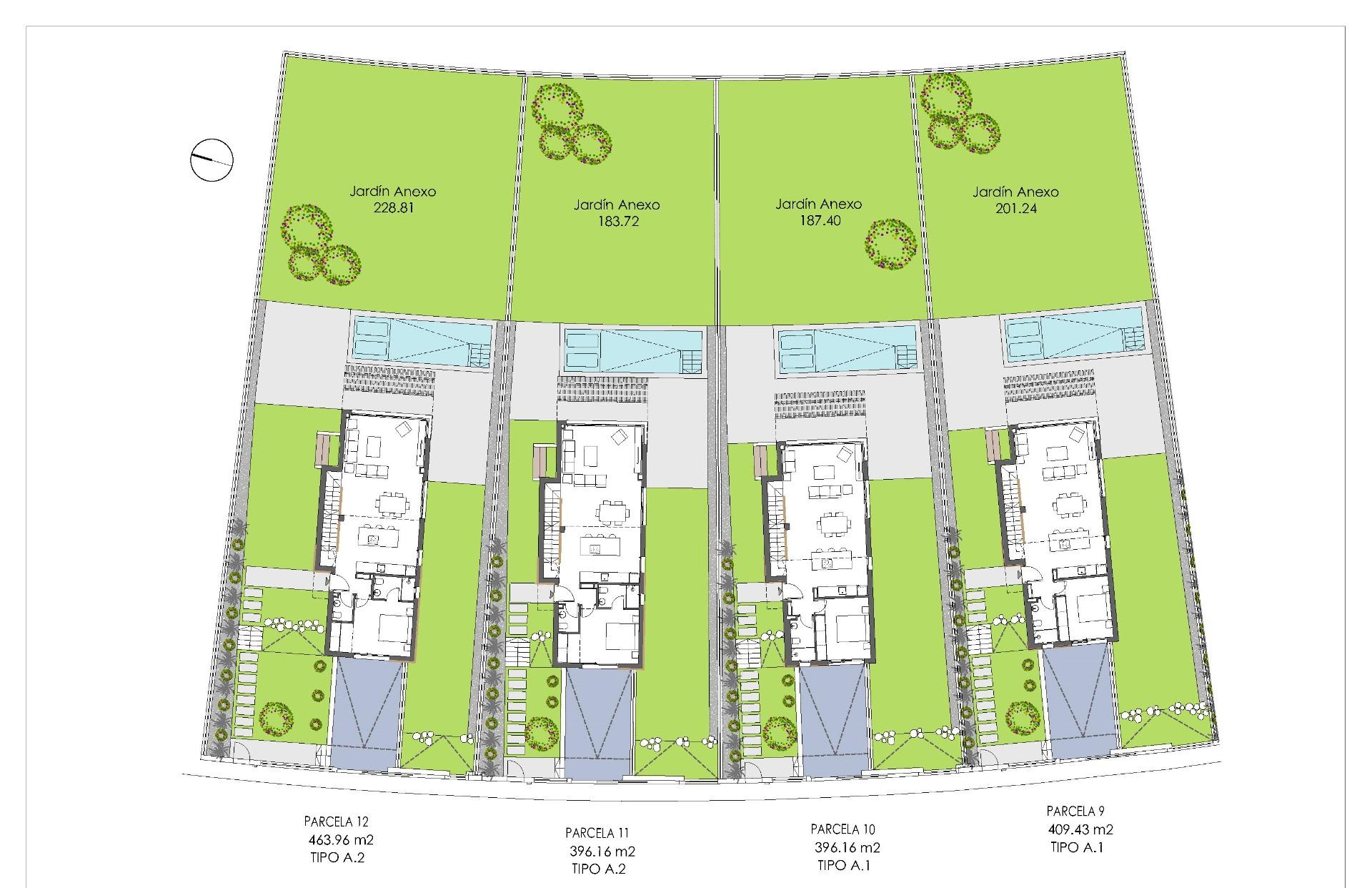 Detailed floor plans of four modern 3-bedroom villas with private pools and landscaped gardens in Sierra Cortina, Finestrat.