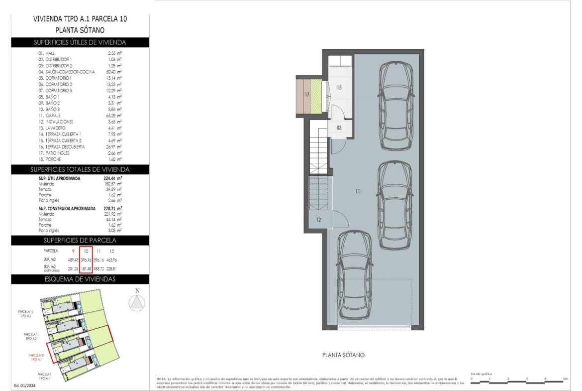 Modern spacious 3-bedroom villa basement floor plan with private triple garage in exclusive Sierra Cortina, Finestrat development.