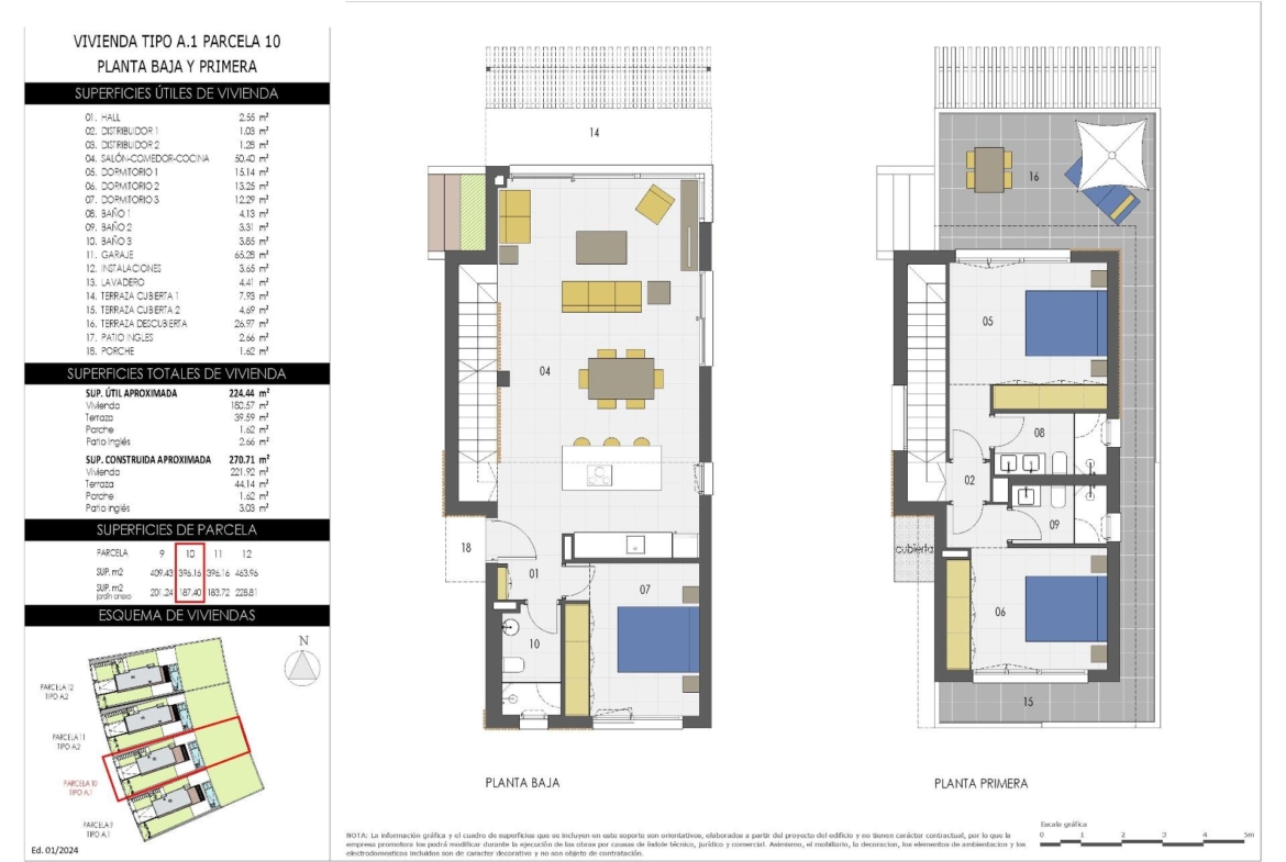 Modern spacious 3-bedroom villa floor plan with open-plan living and terraces, part of exclusive Sierra Cortina development, Finestrat.