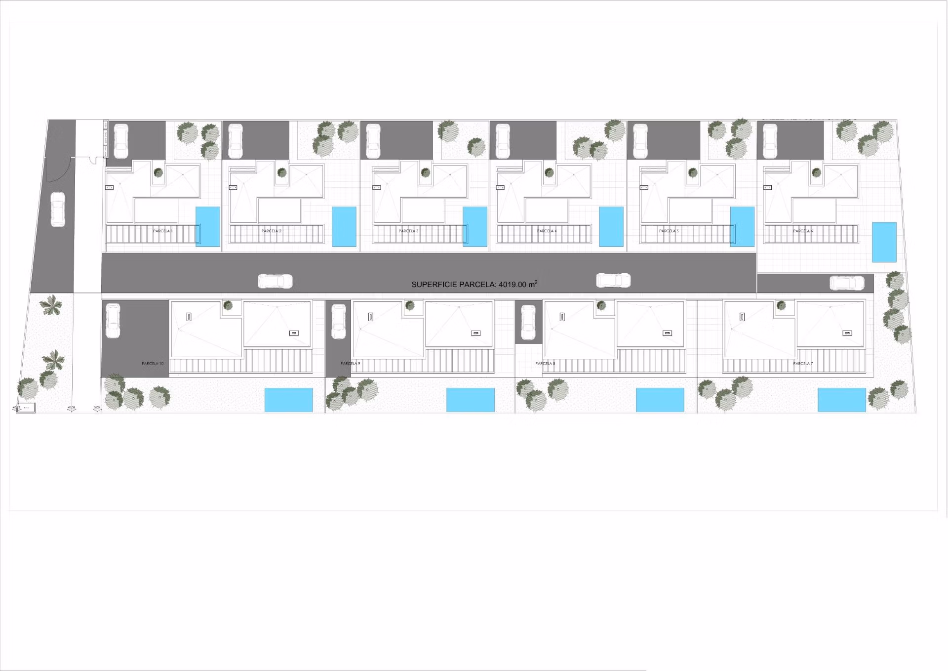 Modern architectural site plan showcasing elegant new build 3 bedroom villas with private pools and sea views in Finestrat.