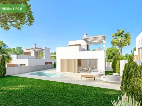 Modern 3-bedroom villa in Sierra Cortina with a private pool, sun-drenched terrace, lush garden, and serene sea views.