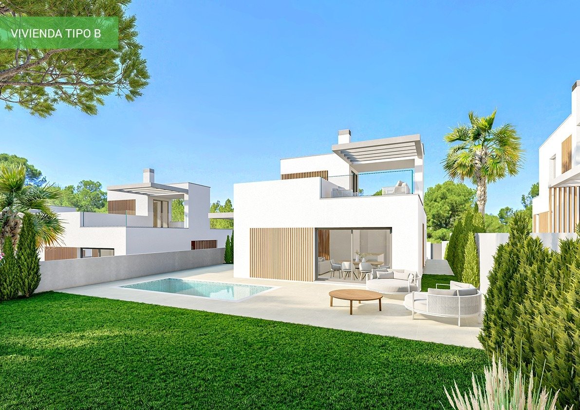 Modern 3-bedroom villa in Sierra Cortina with pristine private pool, sun-drenched terrace, and lush landscaped garden.