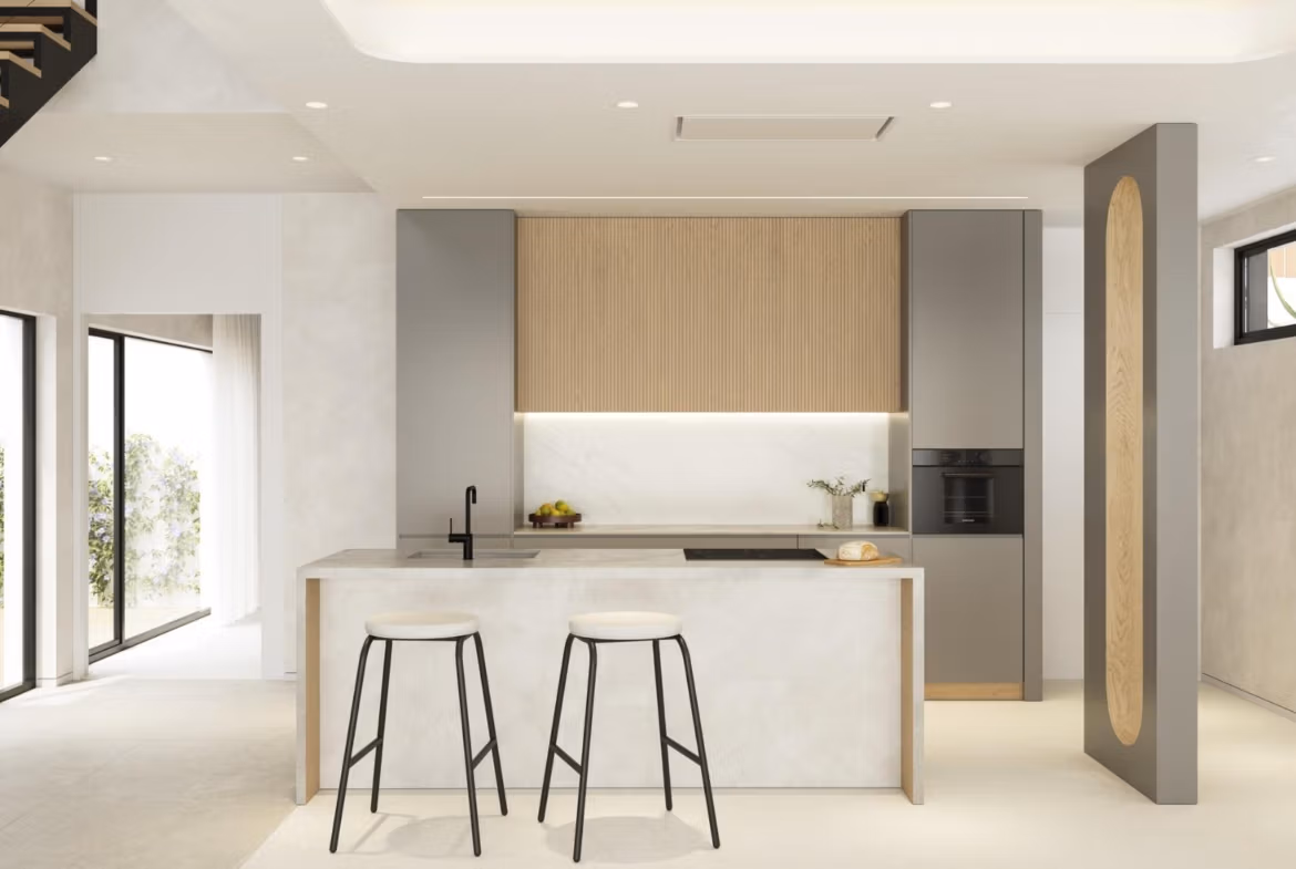 NEW-BUILD-VILLAS-IN-FINESTRAT-4 Bright modern kitchen with sleek island and large windows in a contemporary Key Ready Villa in Finestrat, Benidorm