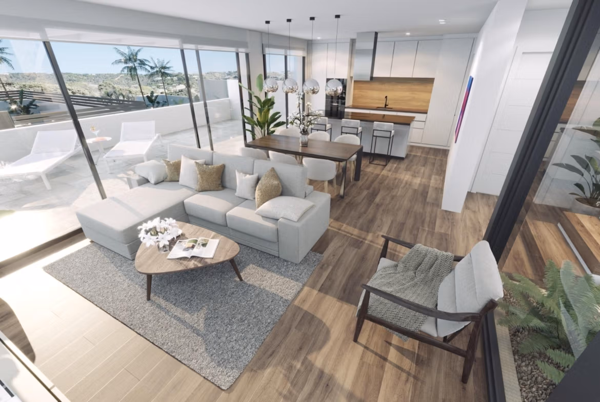 Bright, modern open-plan living and dining area with sleek kitchen in new 3-bedroom villa in Finestrat, sea views visible.