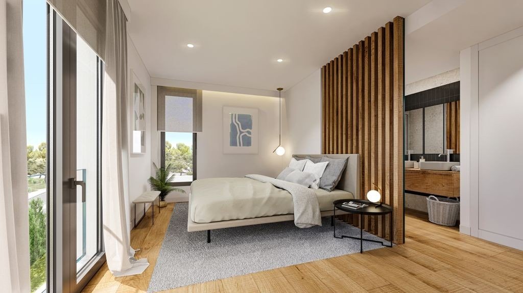 Bright modern bedroom with serene sea views and elegant wooden accents in key-ready 3-bedroom villa, Sierra Cortina, Finestrat