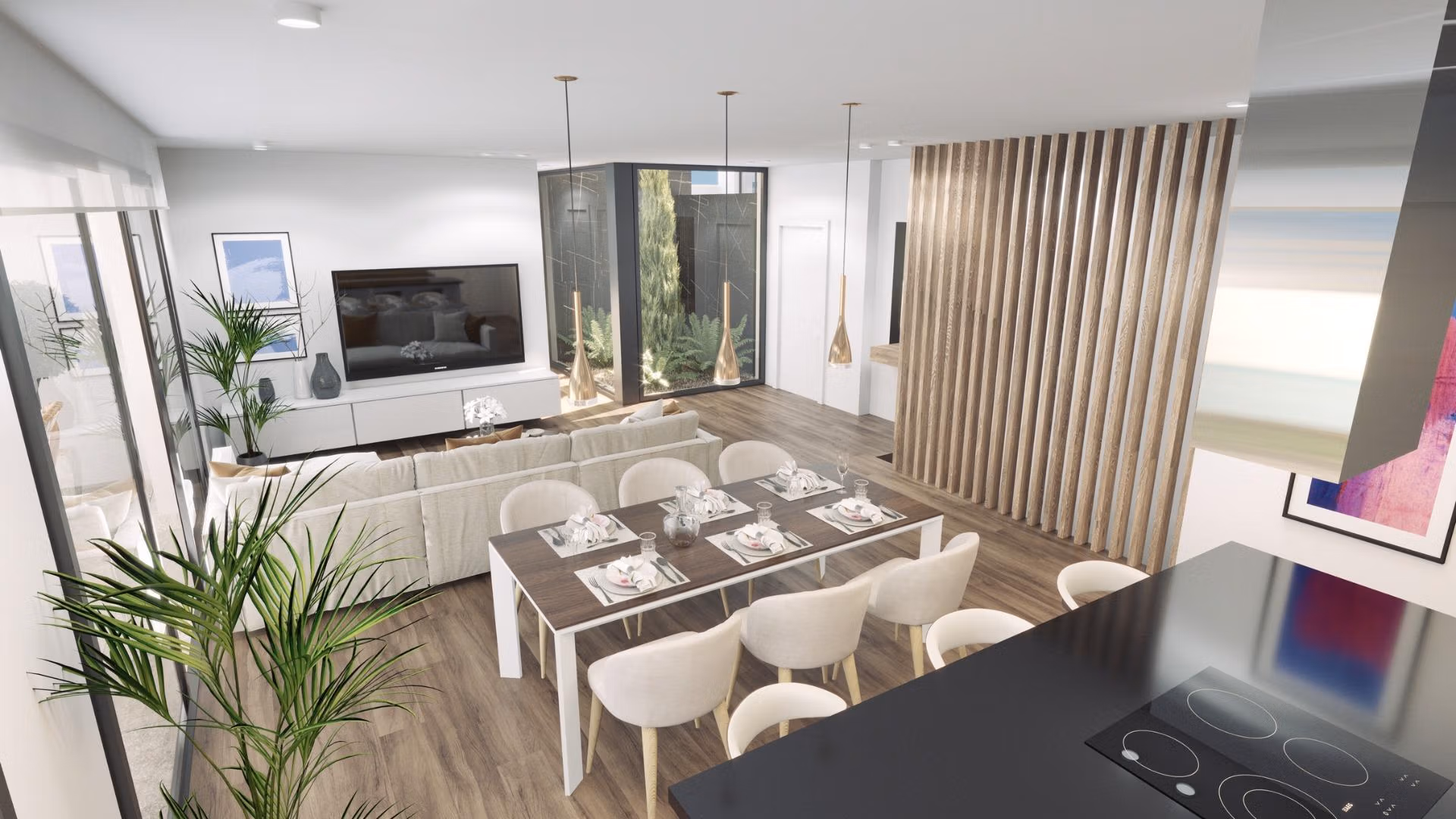 Bright open-plan living and dining area in modern 3-bedroom villa in Finestrat with sleek design and large windows.