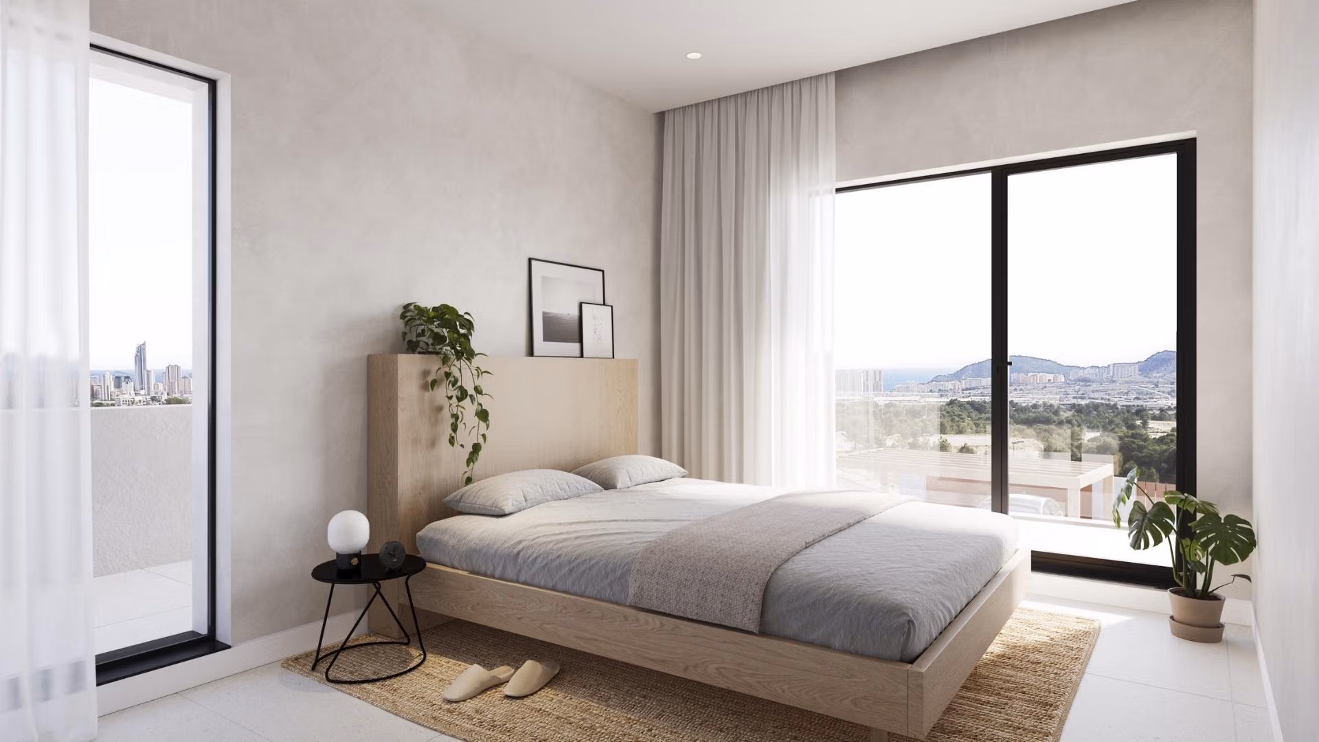 NEW-BUILD-VILLAS-IN-FINESTRAT-5 Bright, modern bedroom in luxury Key Ready Villa in Finestrat, Benidorm, featuring panoramic sea views and minimalist design.