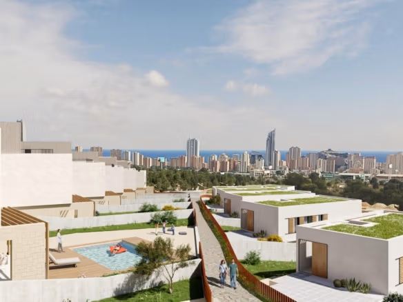 Modern Key Ready villas with private pools and lush green roofs overlooking the panoramic sea view in Finestrat, Benidorm