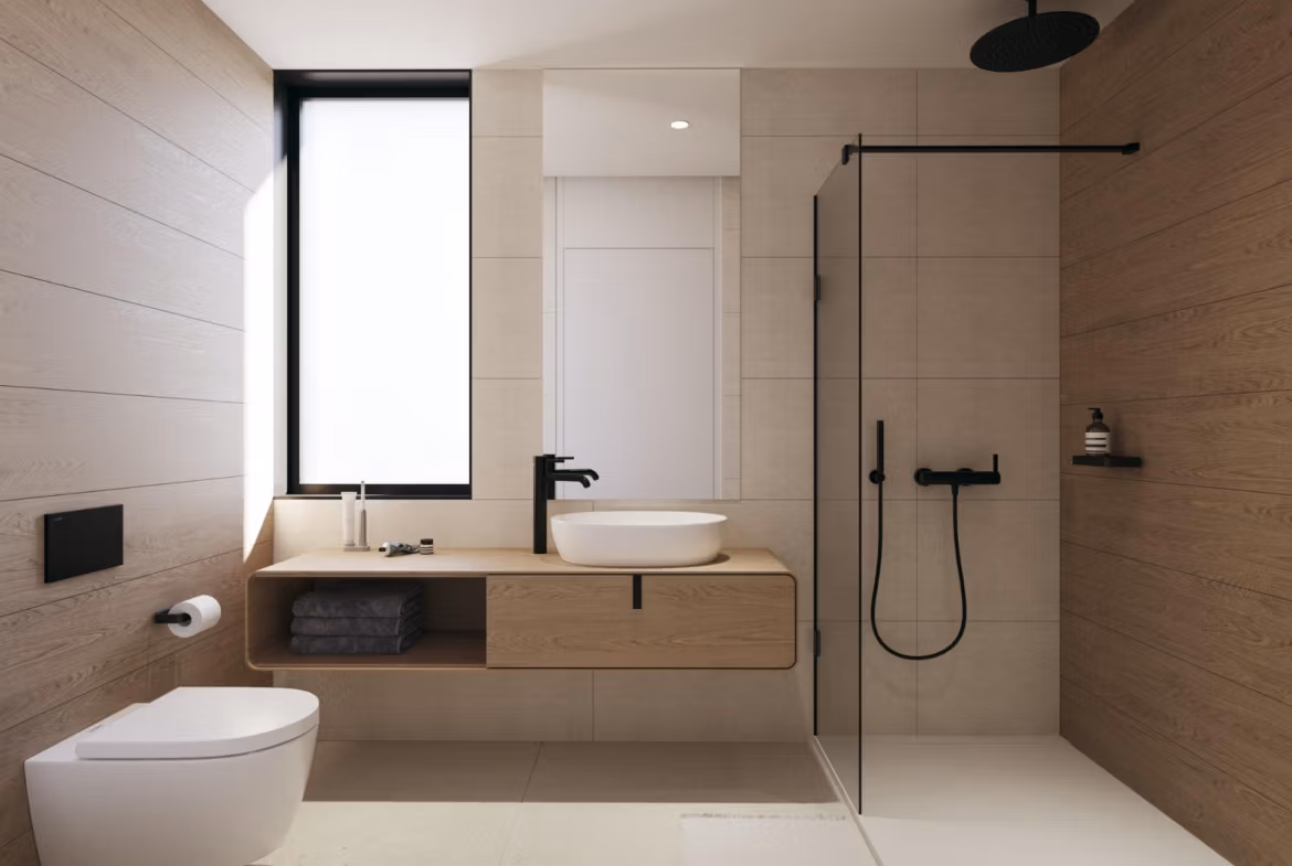 NEW-BUILD-VILLAS-IN-FINESTRAT-6 Modern, minimalist bathroom with walk-in shower and sleek fixtures in a contemporary villa for sale in Finestrat, Benidorm