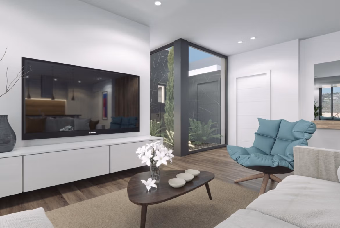 Bright, modern living room with panoramic sea views in a new build 3 bedroom villa in Finestrat.