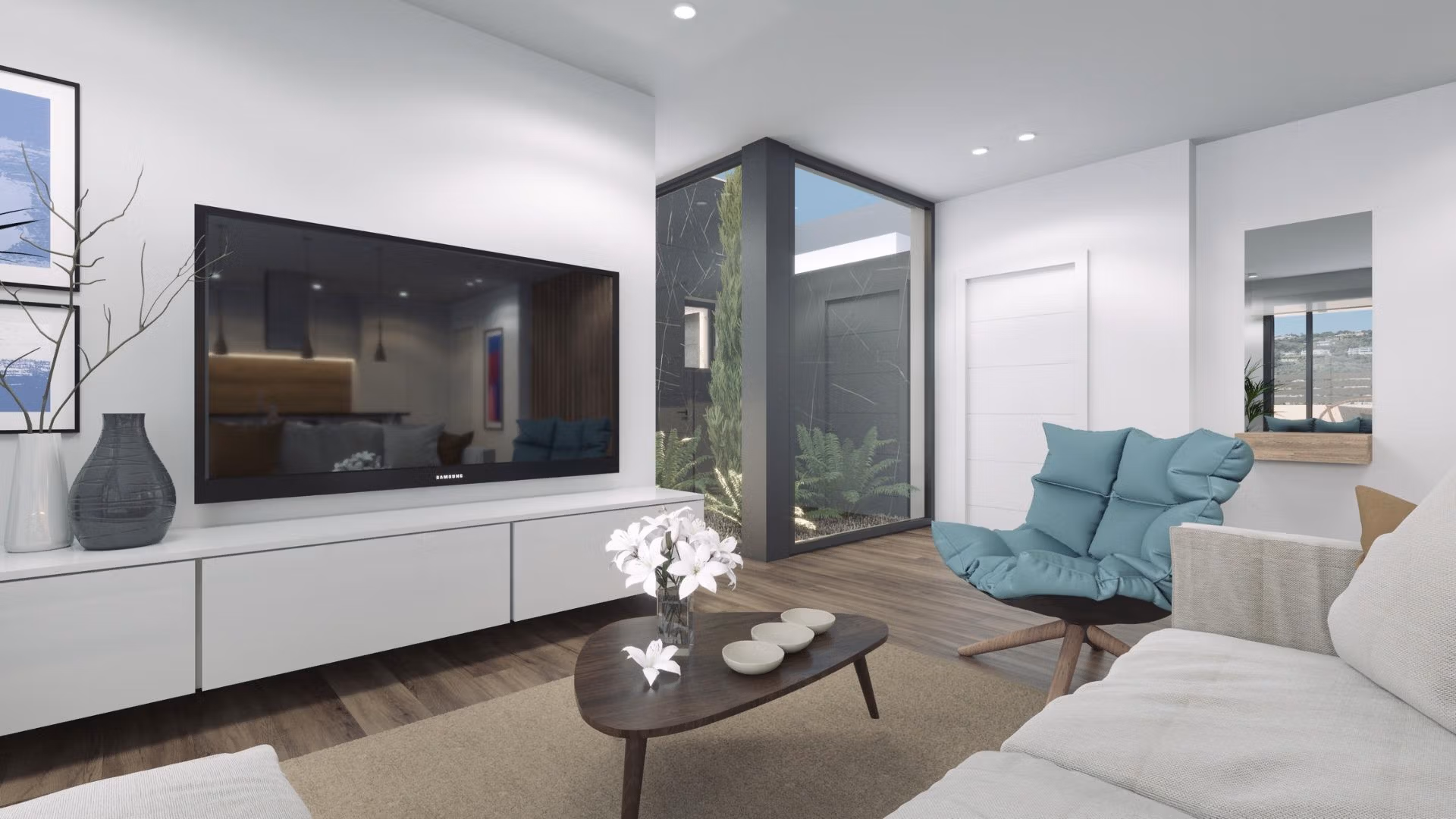 Bright, modern living room with panoramic sea views in a new build 3 bedroom villa in Finestrat.