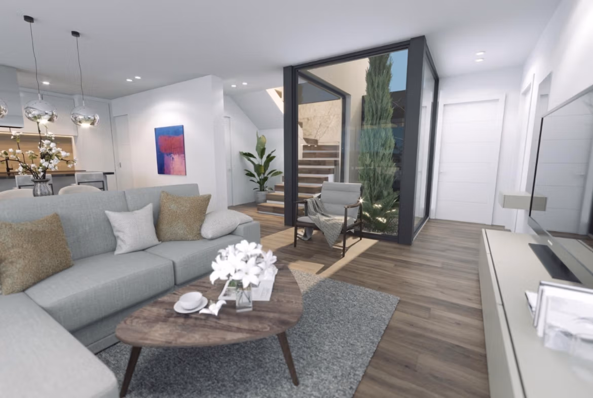 Bright modern living room with elegant furnishings in a new build 3 bedroom villa in Finestrat with sea views.