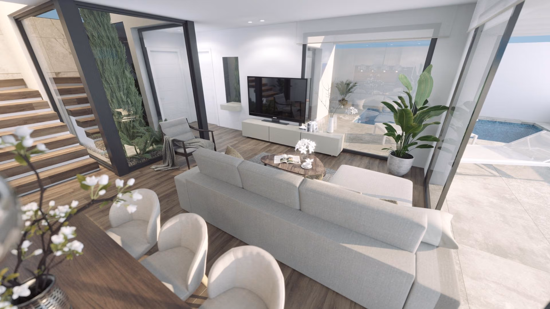 Bright, modern living room with elegant open-plan dining area and sliding doors opening to private pool in new 3-bedroom villa, Finestrat sea views.
