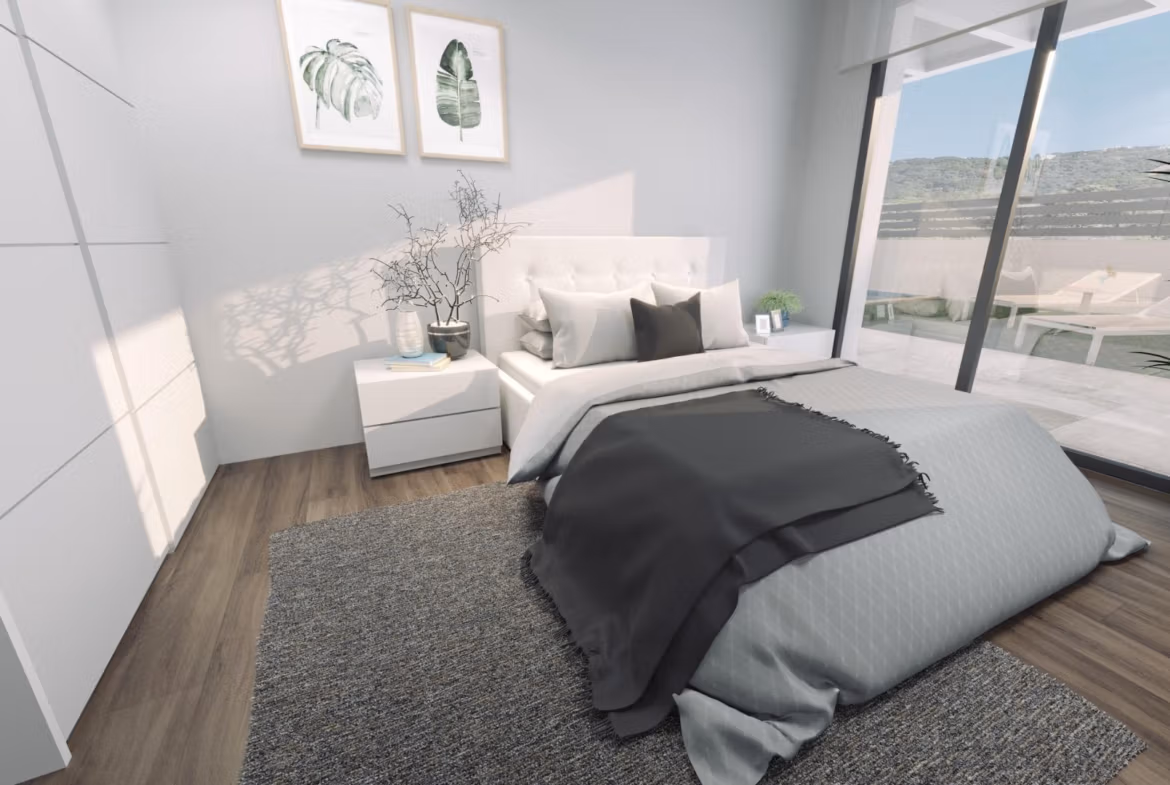 Bright, modern bedroom with floor-to-ceiling windows and terrace in luxury 3-bedroom villa with private pool and sea views in Finestrat.