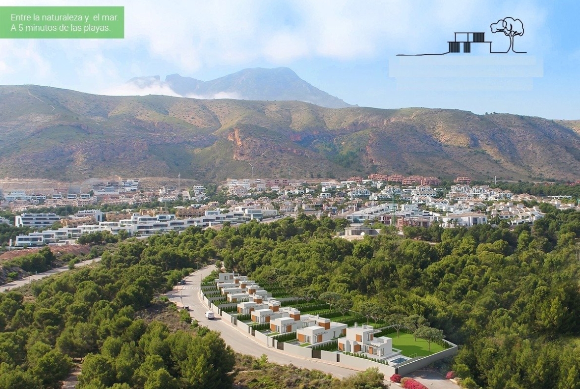 Spacious modern 3-bedroom villas nestled in lush greenery with panoramic mountain and sea views in Sierra Cortina, Finestrat.