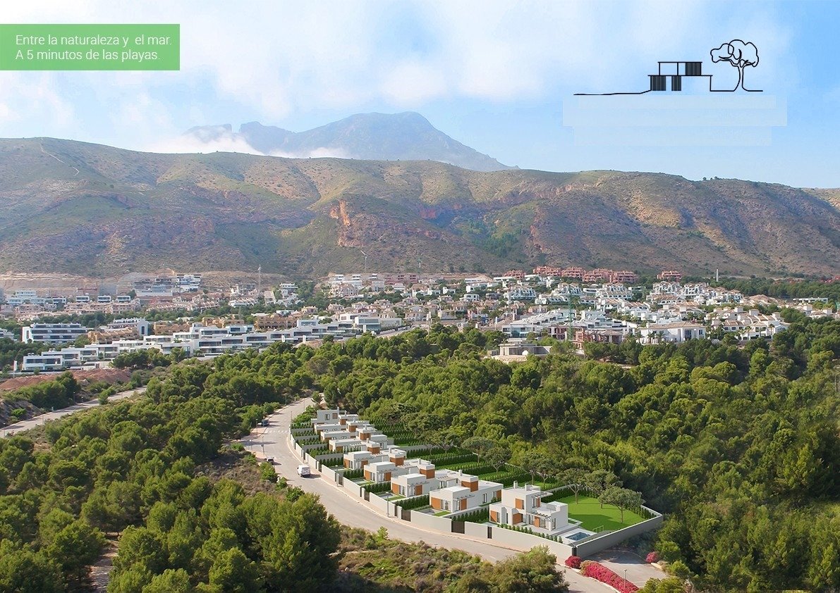 Spacious modern 3-bedroom villas nestled in lush greenery with panoramic mountain and sea views in Sierra Cortina, Finestrat.