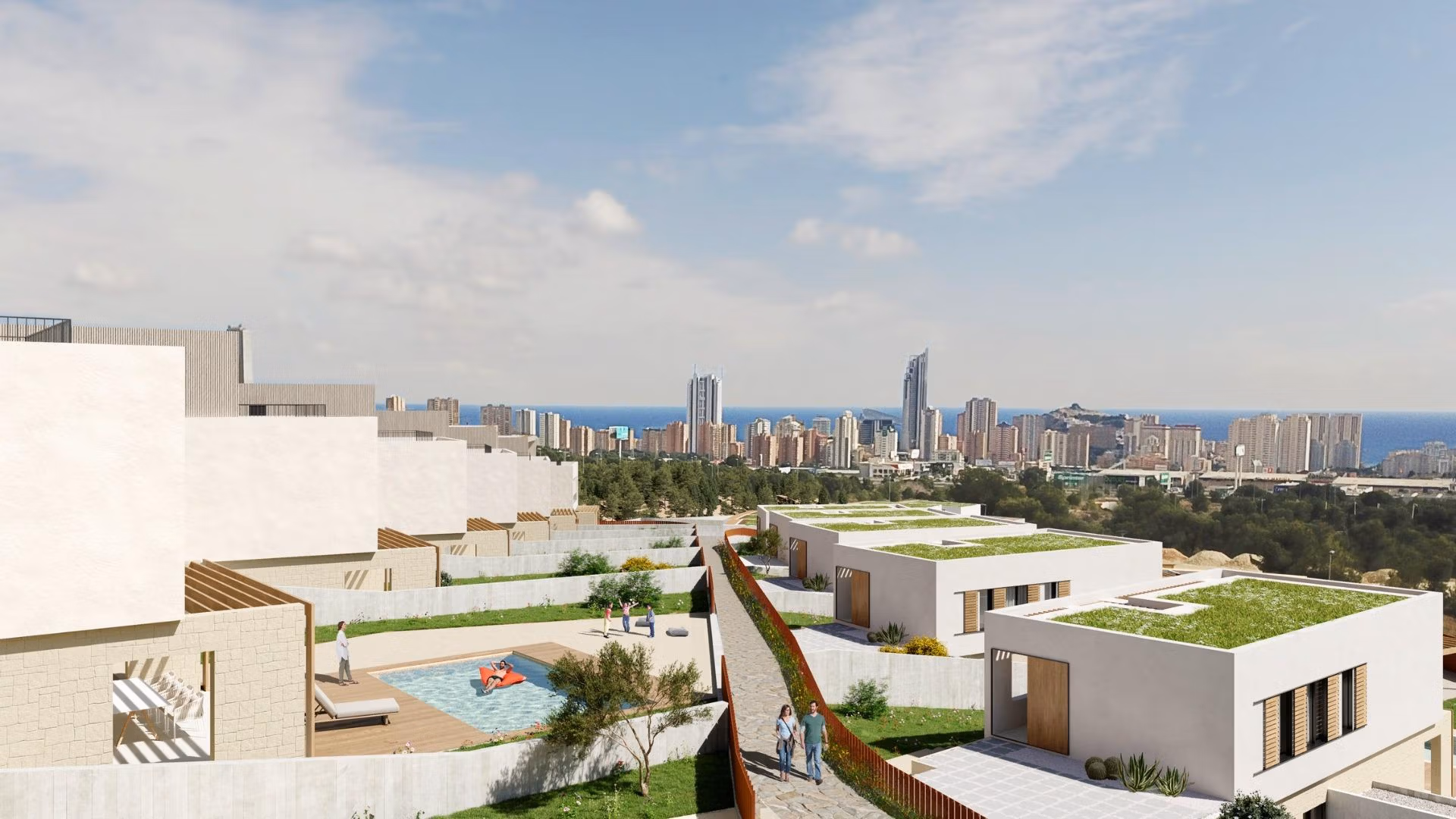 NEW BUILD VILLAS IN FINESTRAT Modern Key Ready villas with private pools and lush green roofs overlooking the panoramic sea view in Finestrat, Benidorm