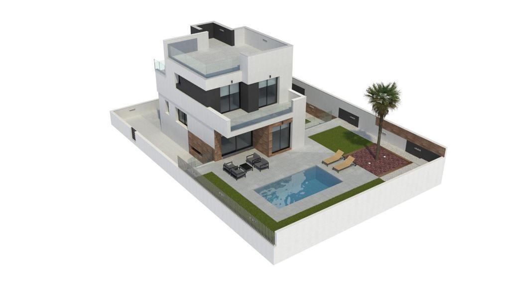 Modern, sun-drenched 3-bedroom villa with private pool, spacious terrace, and sleek exterior in La Nucia, Costa Blanca.