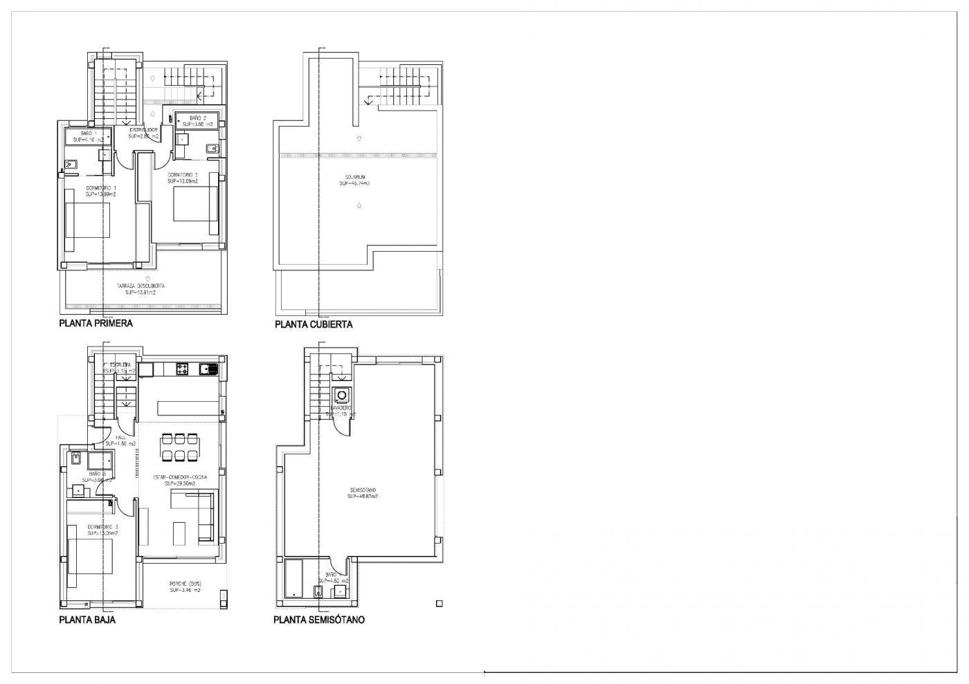 Detailed architectural floor plans showcasing the modern layout of a spacious 3 bedroom villa in La Nucia, Costa Blanca.