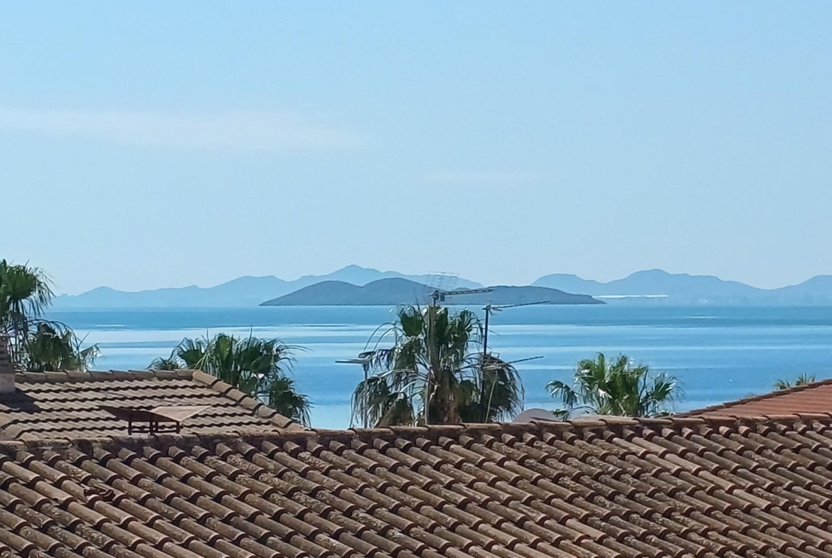 Panoramic sea view over tiled roofs and swaying palm trees at exclusive new build villas in Los Alcázares, Murcia.