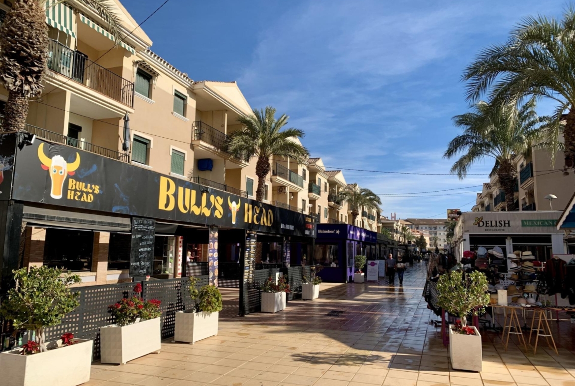 Sunlit lively commercial street with palm trees near exclusive new build villas in Los Alcázares, Murcia.