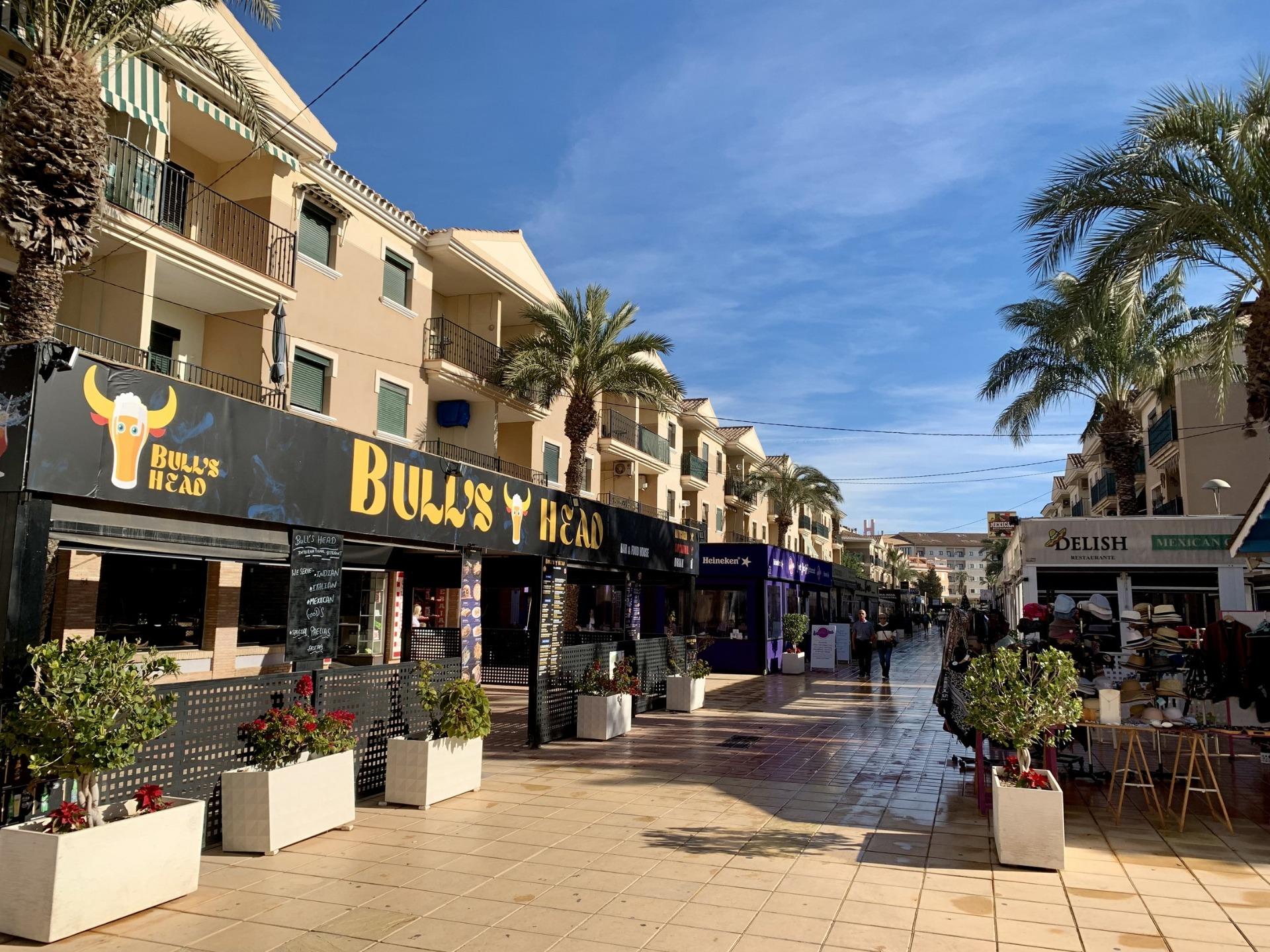 Sunlit lively commercial street with palm trees near exclusive new build villas in Los Alcázares, Murcia.