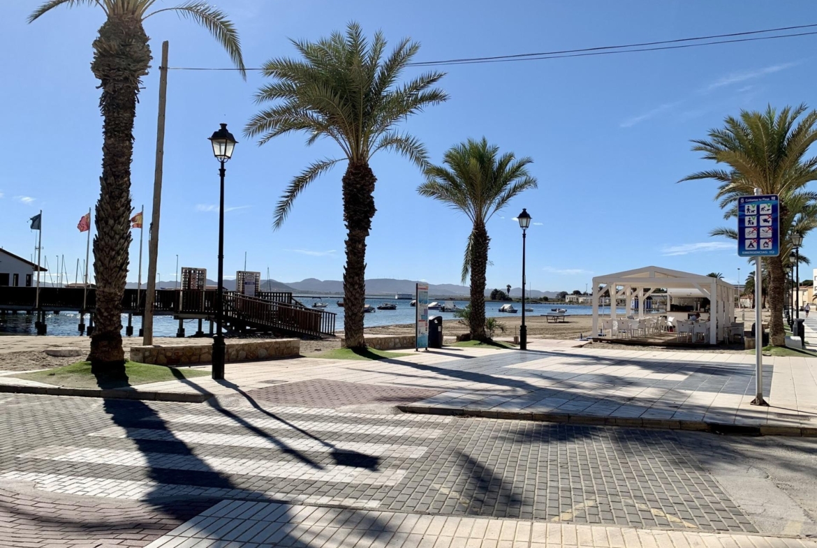 Sunlit palm-lined promenade near the beach, moments from exclusive new build villas with private pools in Los Alcázares, Murcia.