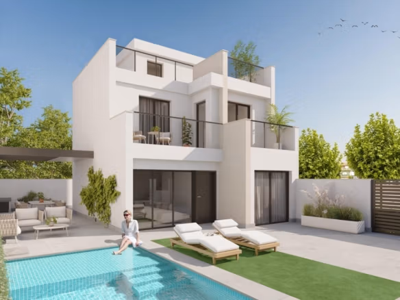 Modern exklusiv nybyggd villa med privat pool och soldränkt terrass i Los Alcázares, Murcia.