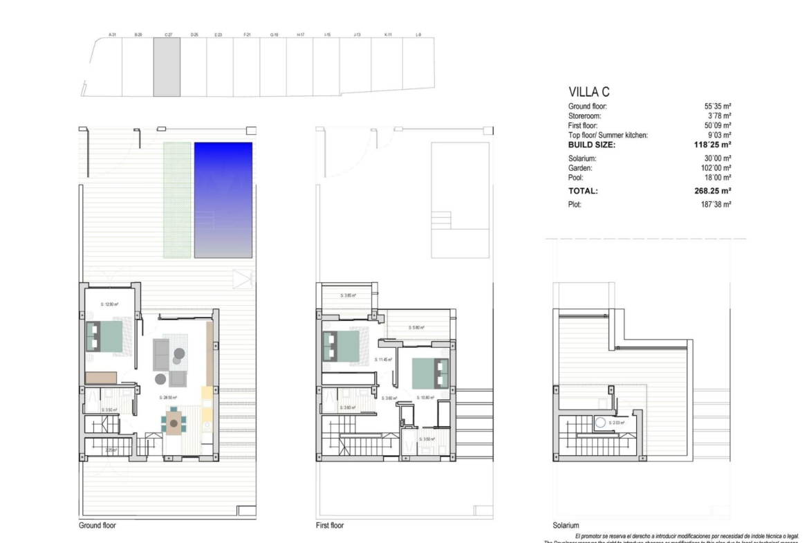Spacious modern floor plan of luxury Los Alcázares villa with private pool, terraces, and open-plan living spaces near the beach