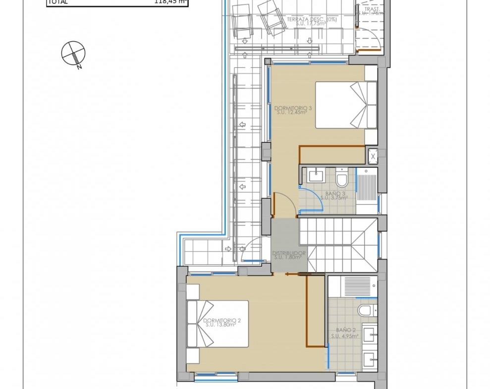 Bright, spacious second-floor floor plan of new build villas in Pilar de la Horadada showcasing two bedrooms and terraces.