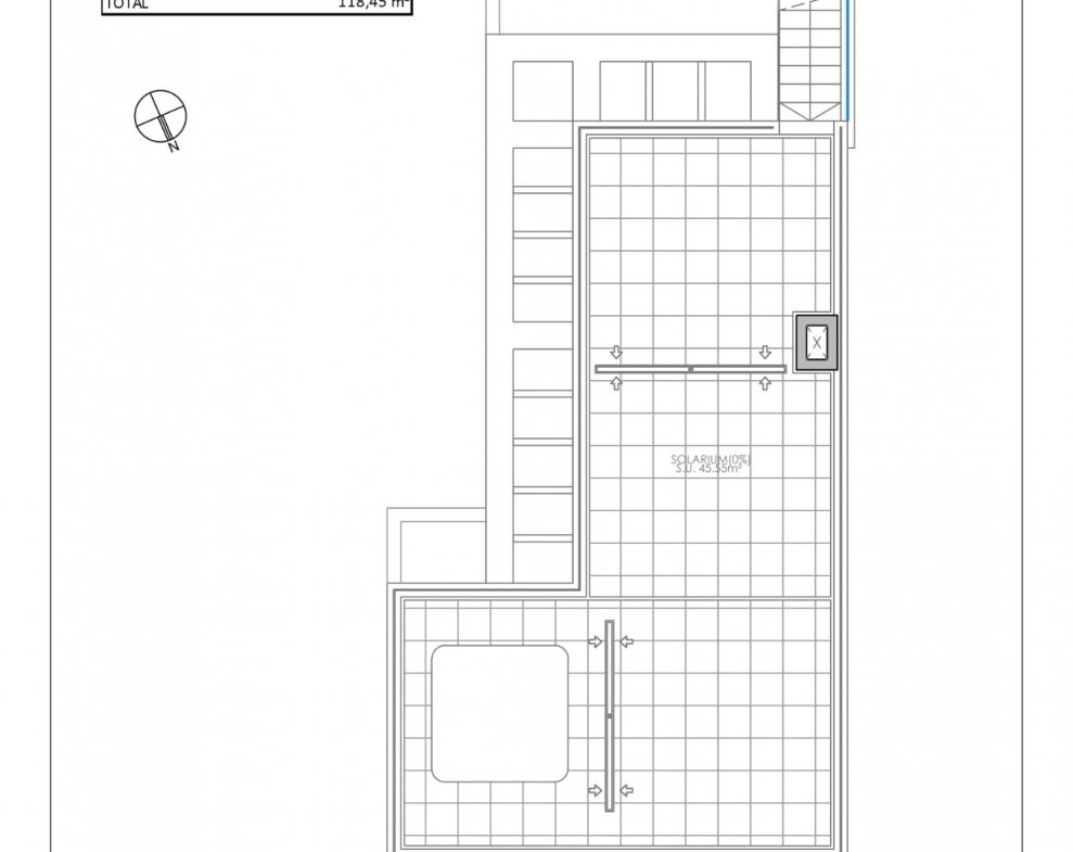 Modern floor plan of spacious terrace layout in new build villas in Pilar de la Horadada on the golf course