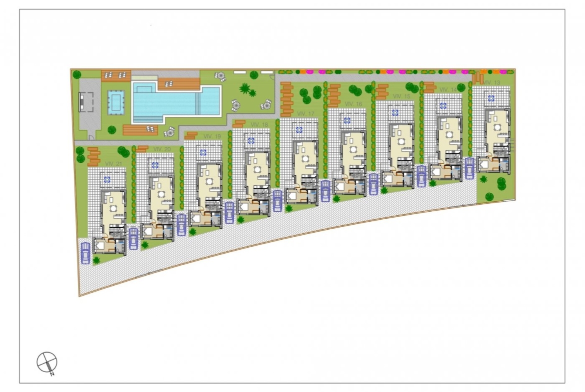 Modern new build villas floor plan in Pilar de la Horadada featuring spacious terraces, private gardens, and shared pool area on golf course