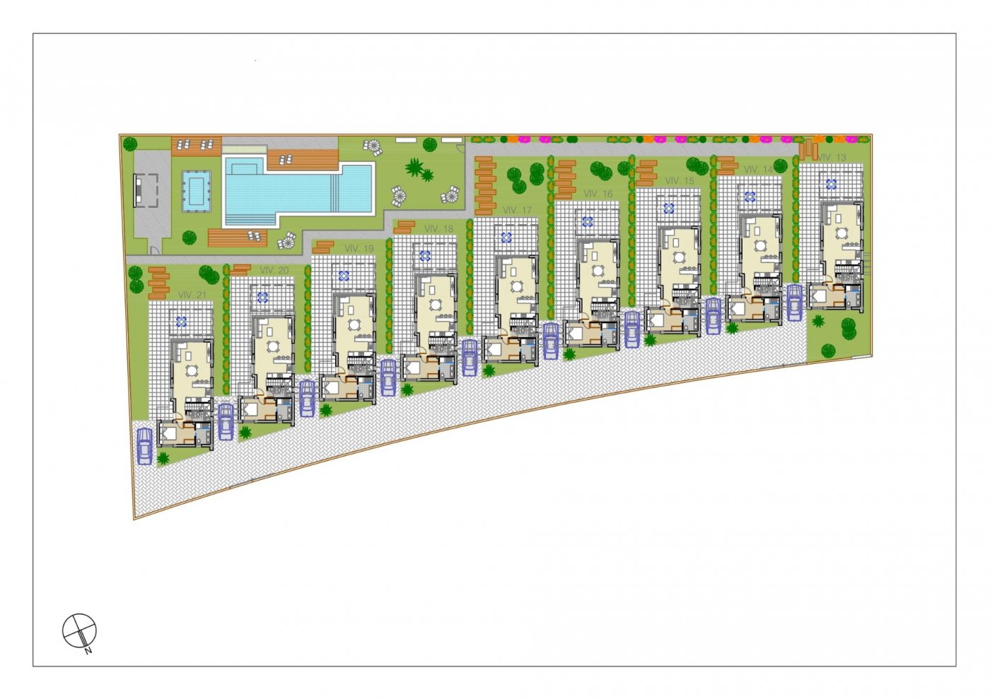 Modern new build villas floor plan in Pilar de la Horadada featuring spacious terraces, private gardens, and shared pool area on golf course