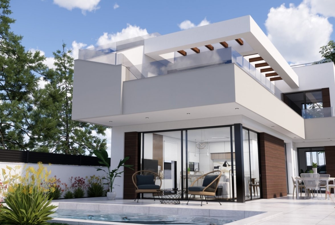 NEW-BUILD-VILLAS-IN-PILAR-DE-LA-HORADADA-ON-THE-GOLF-COURSE-2 Modern sun-drenched villa with spacious terrace and pool overlooking landscaped gardens in Pilar de la Horadada golf course