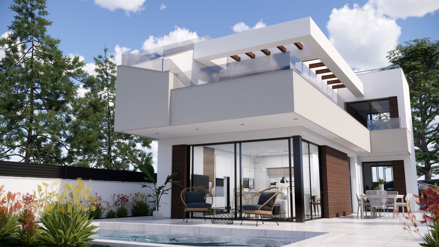 NEW-BUILD-VILLAS-IN-PILAR-DE-LA-HORADADA-ON-THE-GOLF-COURSE-2 Modern sun-drenched villa with spacious terrace and pool overlooking landscaped gardens in Pilar de la Horadada golf course