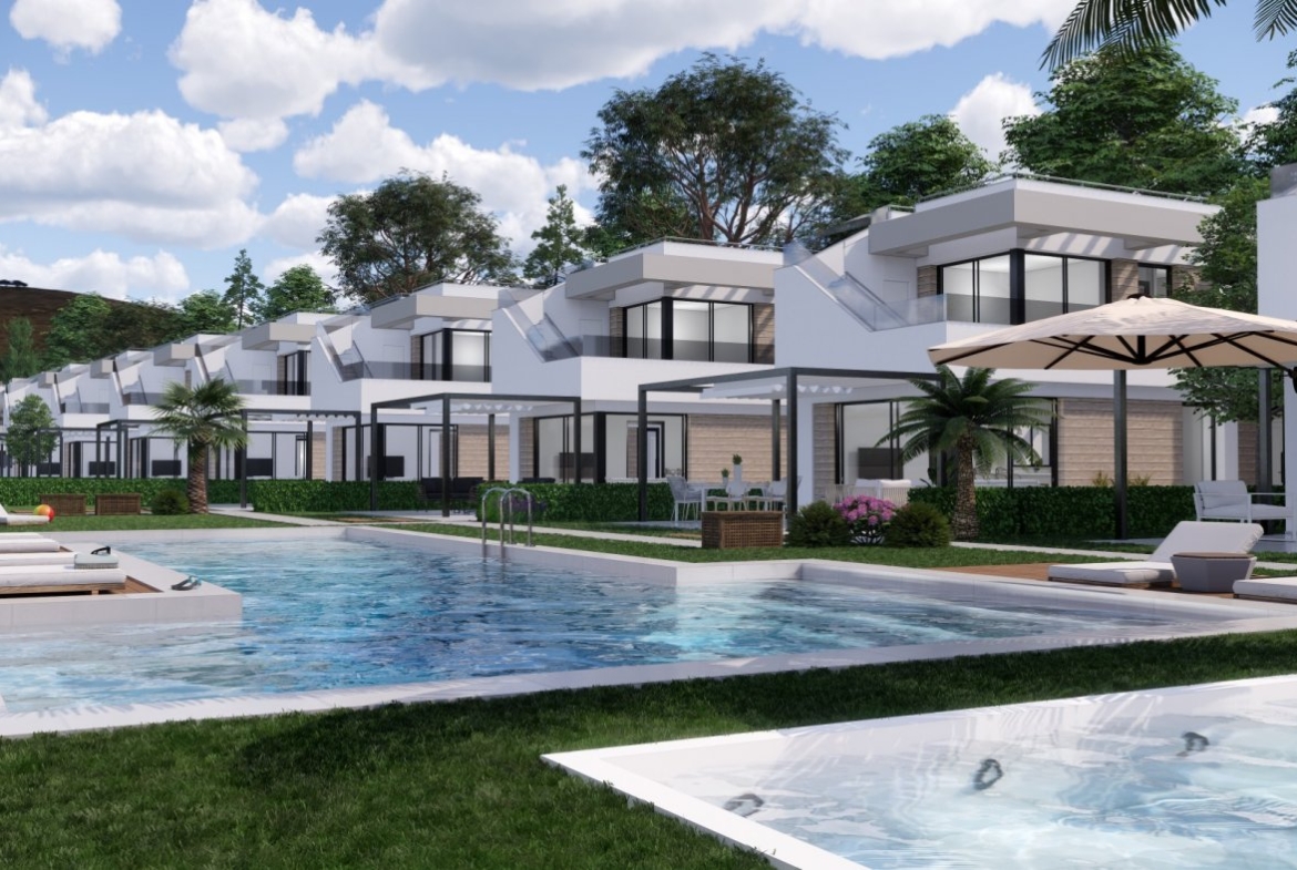 Modern new build villas in Pilar de la Horadada with spacious terraces, private pools, and lush golf course views under a bright sky