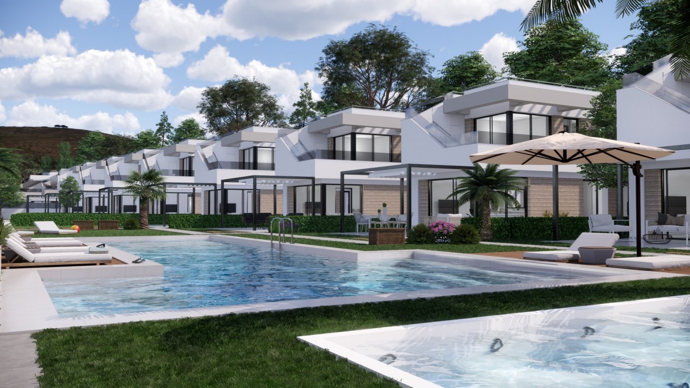 Modern new build villas in Pilar de la Horadada with spacious terraces, private pools, and lush golf course views under a bright sky