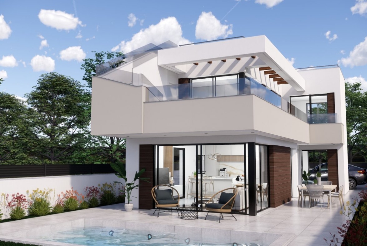 NEW-BUILD-VILLAS-IN-PILAR-DE-LA-HORADADA-ON-THE-GOLF-COURSE-4 Modern new build villa in Pilar de la Horadada with spacious terrace, private pool, and sleek open-plan living spaces.