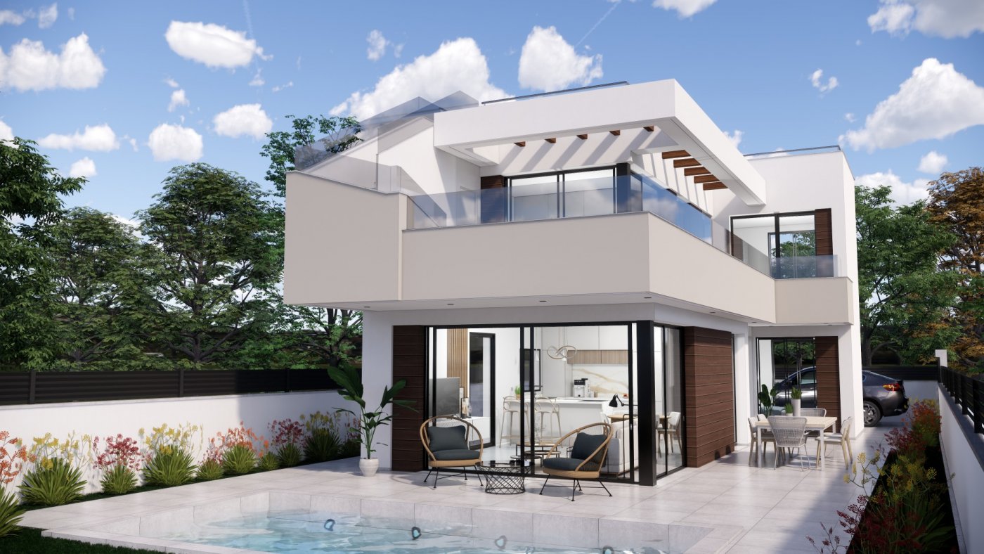 NEW-BUILD-VILLAS-IN-PILAR-DE-LA-HORADADA-ON-THE-GOLF-COURSE-4 Modern new build villa in Pilar de la Horadada with spacious terrace, private pool, and sleek open-plan living spaces.