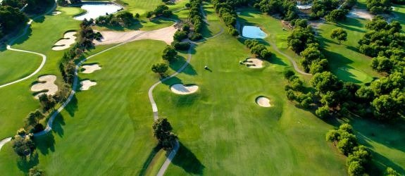 NEW-BUILD-VILLAS-IN-PILAR-DE-LA-HORADADA-ON-THE-GOLF-COURSE-47 Panoramic aerial view of a lush golf course adjacent to new build villas in Pilar de la Horadada.