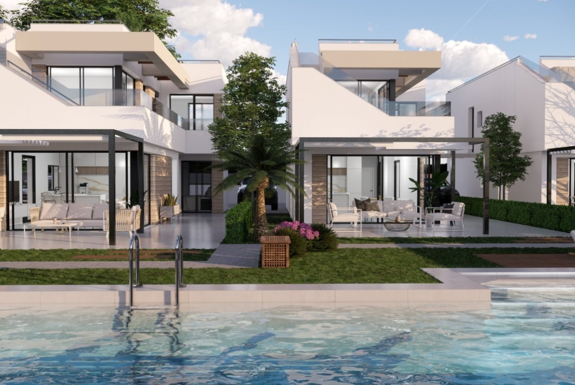 Modern sunlit new build villas in Pilar de la Horadada featuring spacious terraces and a pristine private pool by the golf course.