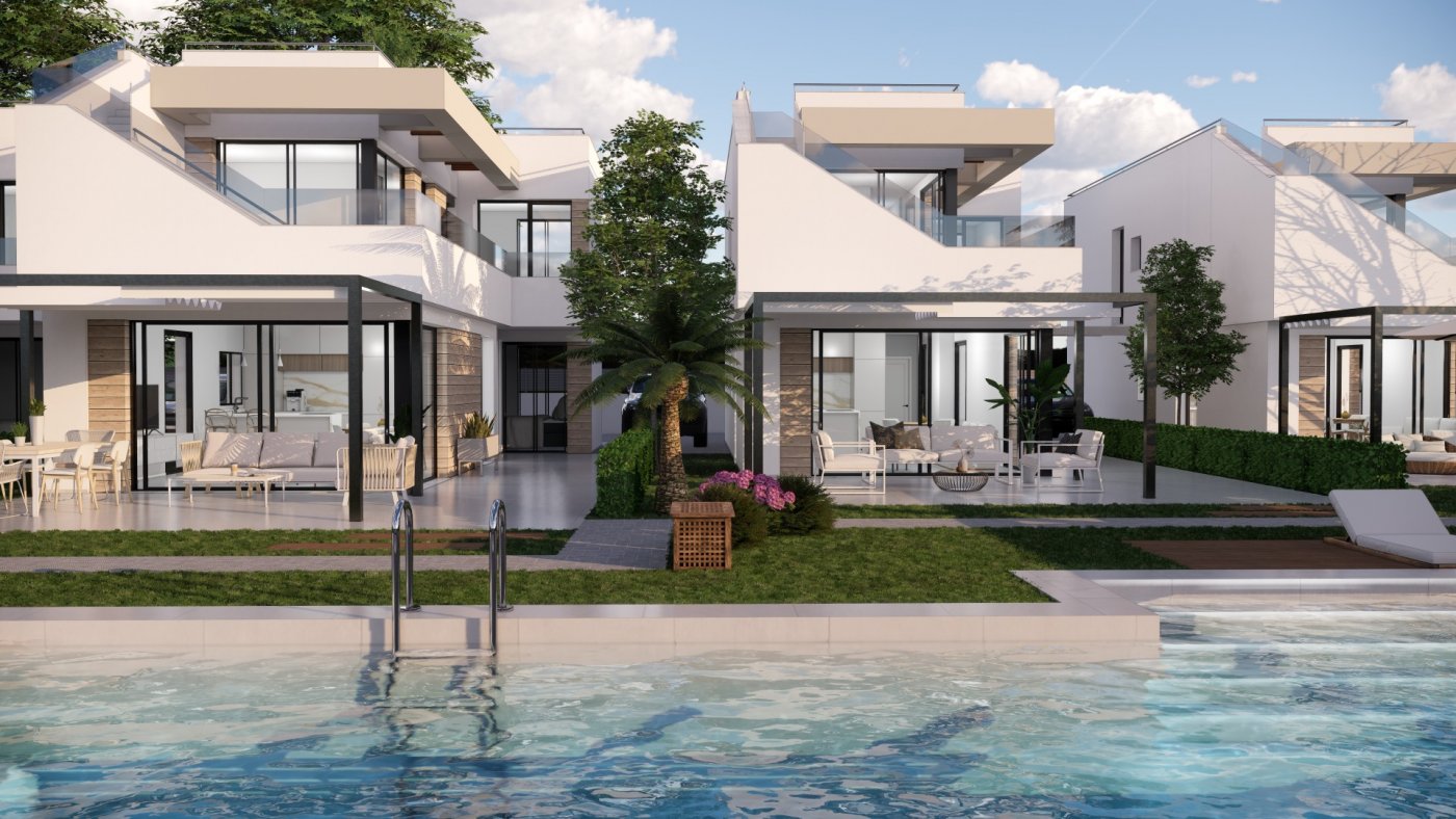 Modern sunlit new build villas in Pilar de la Horadada featuring spacious terraces and a pristine private pool by the golf course.