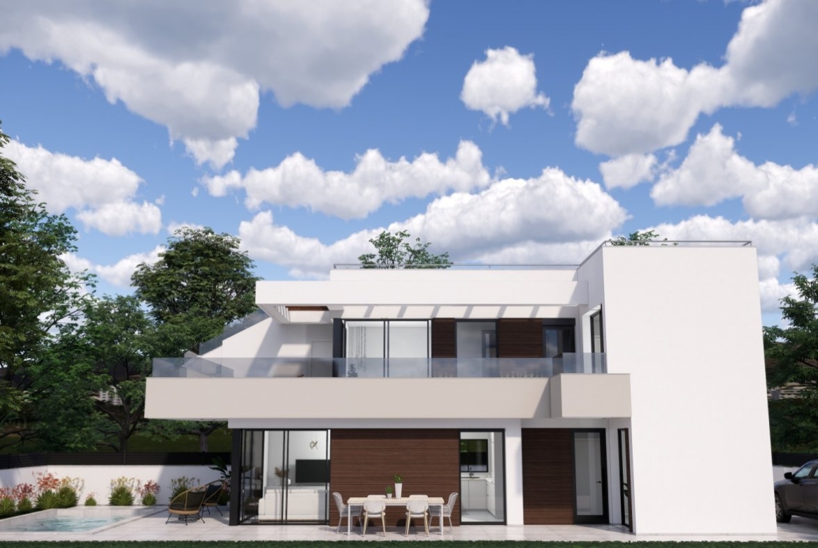 NEW-BUILD-VILLAS-IN-PILAR-DE-LA-HORADADA-ON-THE-GOLF-COURSE-6 Modern sun-drenched new build villa in Pilar de la Horadada with spacious terrace and sleek exterior design on the golf course.