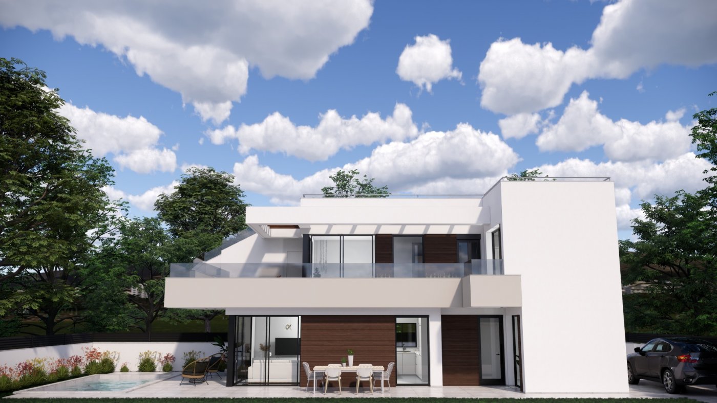 NEW-BUILD-VILLAS-IN-PILAR-DE-LA-HORADADA-ON-THE-GOLF-COURSE-6 Modern sun-drenched new build villa in Pilar de la Horadada with spacious terrace and sleek exterior design on the golf course.