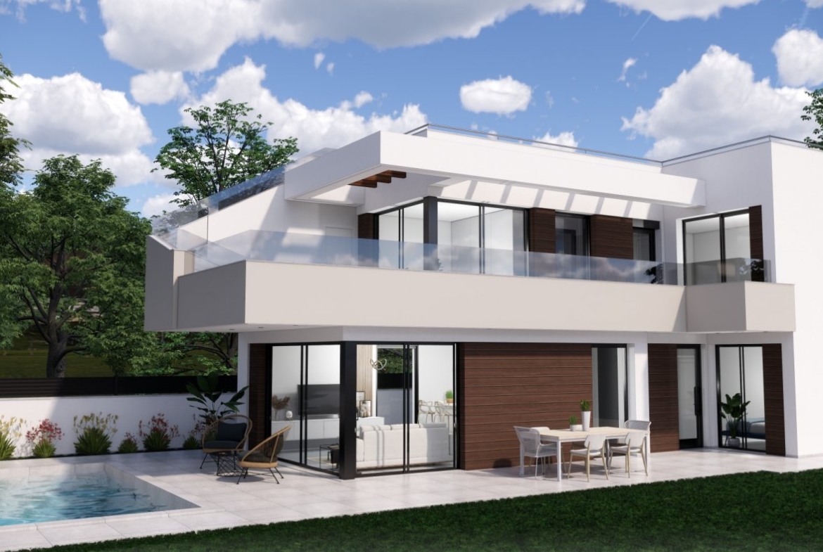 NEW-BUILD-VILLAS-IN-PILAR-DE-LA-HORADADA-ON-THE-GOLF-COURSE-7 Modern, sun-drenched new build villa in Pilar de la Horadada with sleek exterior, spacious terrace, and private pool on the golf course