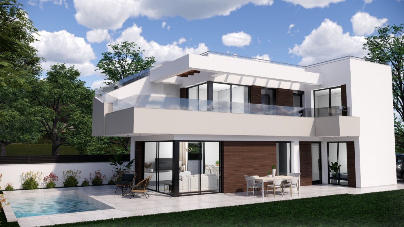 NEW-BUILD-VILLAS-IN-PILAR-DE-LA-HORADADA-ON-THE-GOLF-COURSE-7 Modern, sun-drenched new build villa in Pilar de la Horadada with sleek exterior, spacious terrace, and private pool on the golf course