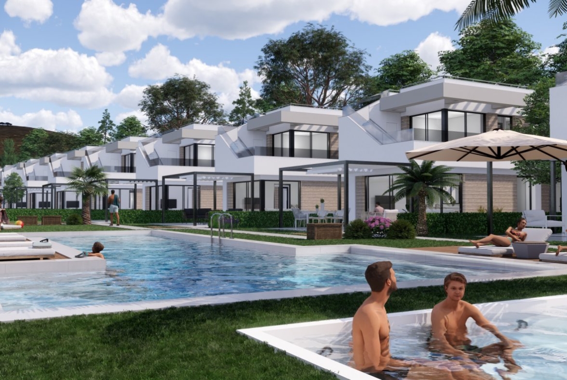 Modern sun-drenched new build villas in Pilar de la Horadada featuring a sparkling pool and relaxing golf course views