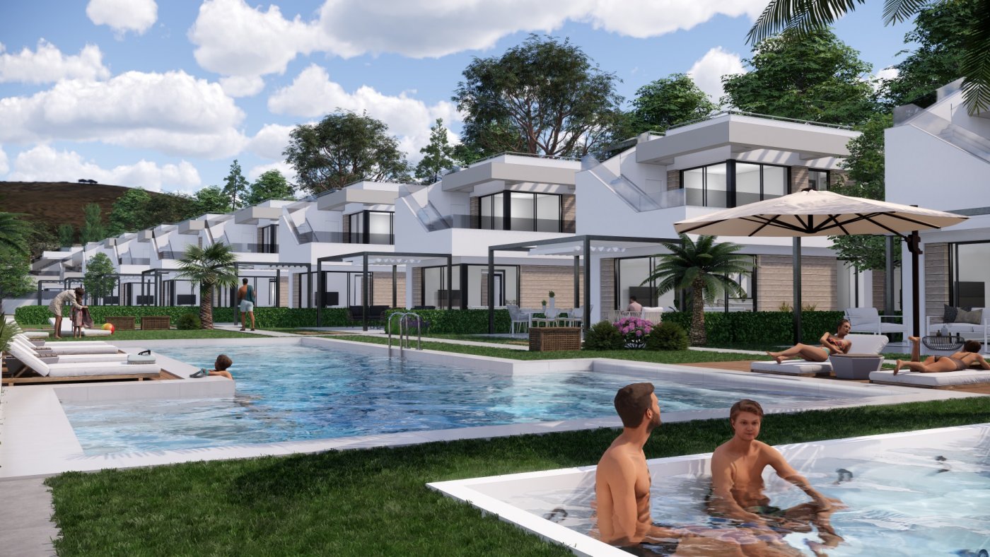 Modern sun-drenched new build villas in Pilar de la Horadada featuring a sparkling pool and relaxing golf course views